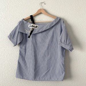 Striped Blue And White Shein Blouse with detail off shoulder “Nashville” patch.